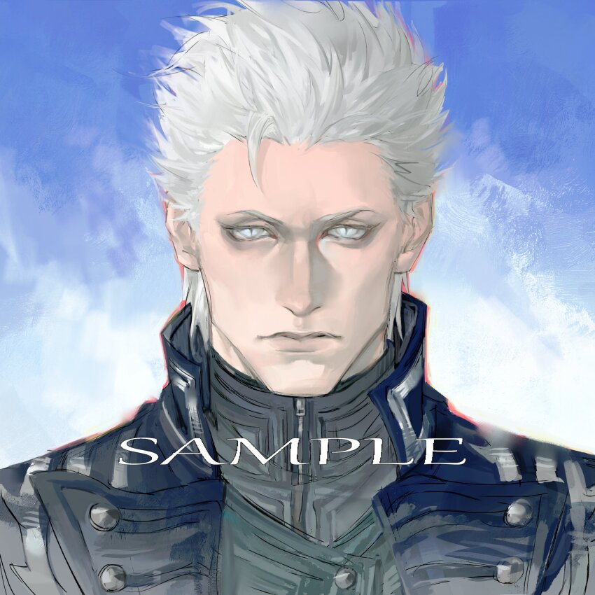 1boy abionicsheep blue_eyes closed_mouth coat devil_may_cry_(series) devil_may_cry_5 grey_eyes hair_slicked_back highres lips looking_at_viewer male_focus nose realistic solo vergil_(devil_may_cry) white_hair