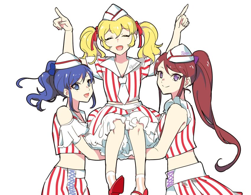 3girls :d aikatsu! aikatsu!_(series) arms_up bad_id bad_twitter_id blonde_hair blue_eyes blue_hair brown_hair carrying carrying_person closed_eyes collared_dress cropped_shirt dress facing_viewer hair_ornament hair_ribbon hair_scrunchie hat hoshimiya_ichigo kiriya_aoi long_hair looking_at_viewer multiple_girls neckerchief open_mouth purple_eyes red_ribbon ribbon scrunchie shibuki_ran shiontaso short_sleeves side_ponytail simple_background sitting skirt sleeveless sleeveless_dress smile striped_clothes striped_dress striped_skirt twintails vertical-striped_clothes vertical-striped_dress vertical-striped_skirt waitress white_background white_dress white_hat white_neckerchief