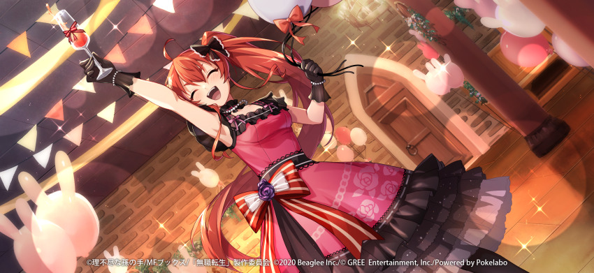 1girl ahoge artist_request balloon black_bow black_gloves bow breasts bunting champagne_flute closed_eyes copyright_notice cup door dress drinking_glass eris_greyrat floral_print frilled_dress frills gloves hair_bow highres holding holding_cup jewelry long_hair mushoku_tensei mushoku_tensei:_game_ni_nattemo_honki_dasu necklace official_art open_mouth pearl_necklace pink_dress ponytail rabbit_balloon red_bow red_hair rose_print sleeveless sleeveless_dress solo