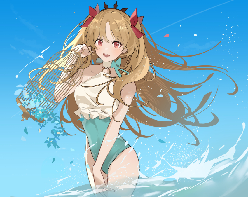 absurdres birdcage blonde_hair blue_one-piece_swimsuit cage ereshkigal_(fate) fate/grand_order fate_(series) hair_ornament highres konikoni1002 o-ring o-ring_swimsuit one-piece_swimsuit red_eyes smile space_ereshkigal_(fate) space_ereshkigal_(first_ascension)_(fate) swimsuit