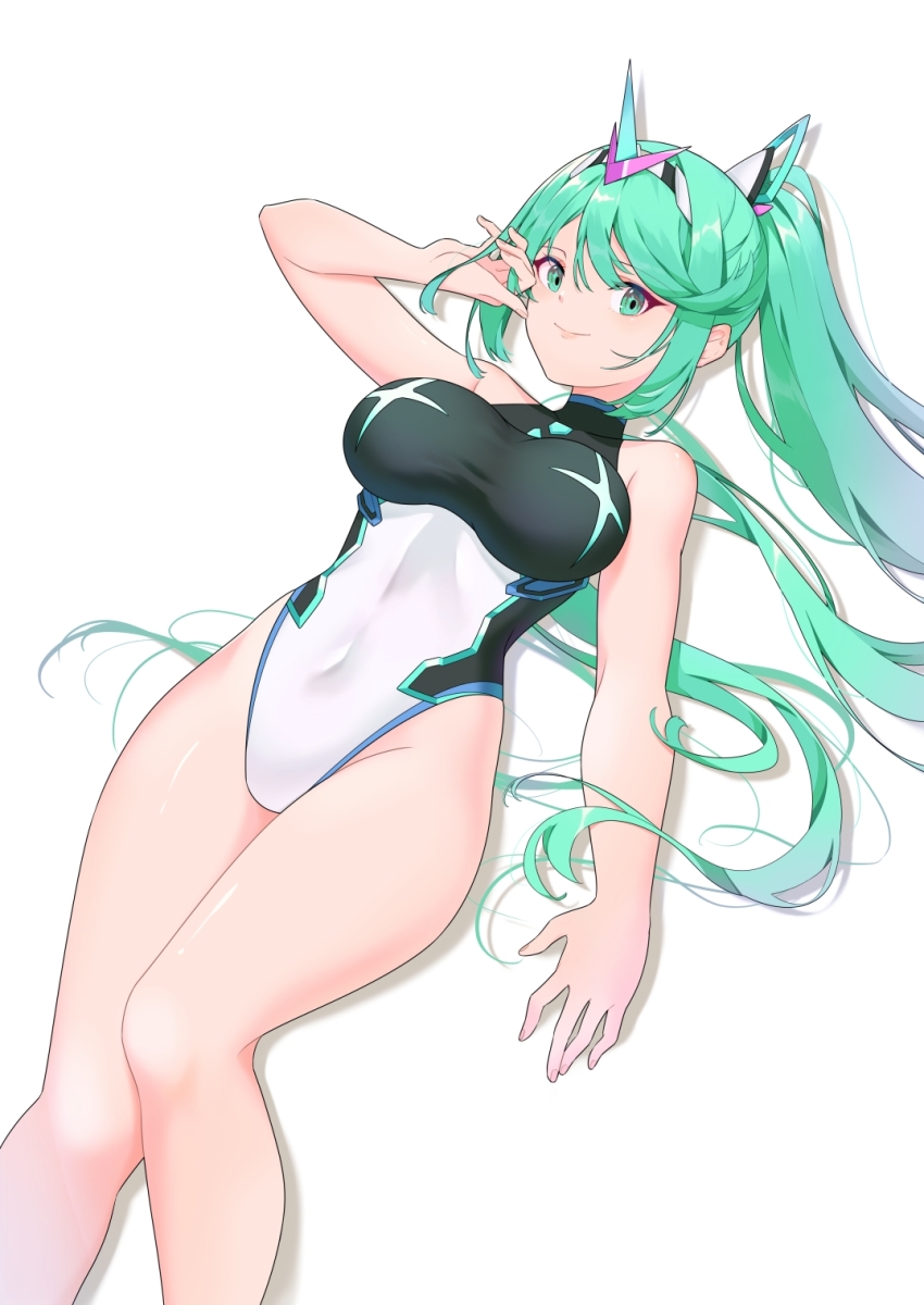 1girl alternate_costume bare_arms bare_legs bare_shoulders black_one-piece_swimsuit breasts chest_jewel closed_mouth commentary core_crystal_(xenoblade) covered_navel feet_out_of_frame green_eyes green_hair hand_in_own_hair hehe_jun high_ponytail highres large_breasts long_hair looking_at_viewer lying on_back one-piece_swimsuit pneuma_(xenoblade) ponytail sidelocks simple_background smile solo swept_bangs swimsuit tiara two-tone_one-piece_swimsuit very_long_hair white_background white_one-piece_swimsuit xenoblade_chronicles_(series) xenoblade_chronicles_2