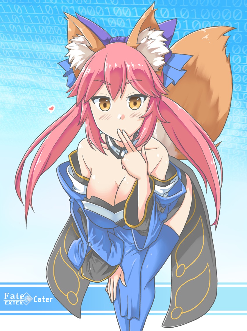 10s 1girl animal_ears aqua_(lostvap) bad_id bad_pixiv_id bare_shoulders bent_over blush breasts brown_eyes character_name copyright_name detached_collar detached_sleeves fate/extra fate_(series) female_focus finger_to_mouth fox_ears fox_tail hair_ornament heart highres large_breasts long_hair pink_hair solo tail tamamo_no_mae_(fate/extra) thighhighs