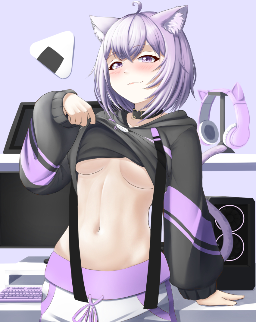 1girl adult_aongly animal_ear_fluff animal_ears breasts cat_ears cat_girl cat_tail closed_mouth clothes_lift collar crop_top flashing food highres hololive hood hoodie hoodie_lift indoors computer_keyboard large_breasts looking_at_viewer midriff navel nekomata_okayu nekomata_okayu_(1st_costume) no_bra onigiri pants purple_eyes purple_hair shirt_lift solo stomach tail underboob virtual_youtuber