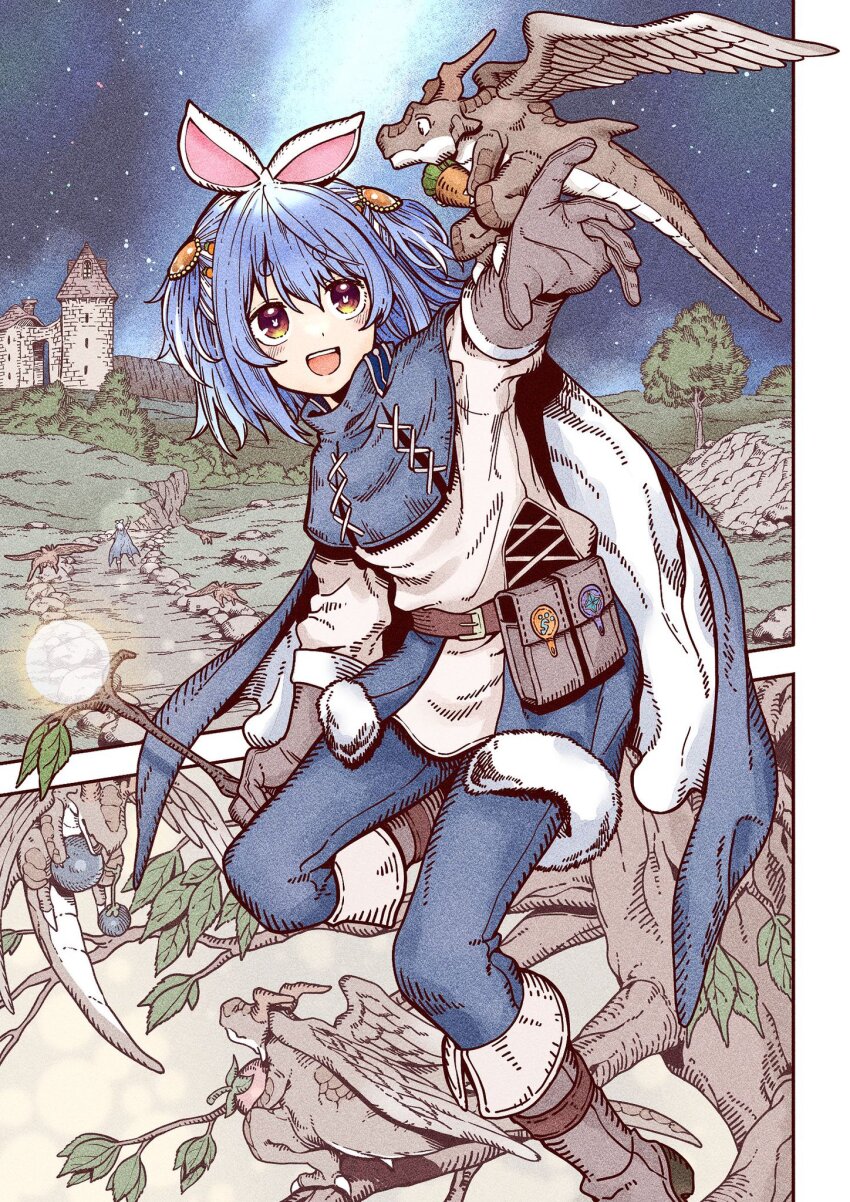 1girl :d alternate_costume animal_ears arm_up bad_id bad_twitter_id belt belt_pouch blue_cape blue_hair blue_pants boots brown_belt brown_footwear brown_gloves cape carrot commentary dragon full_body gloves hashtag-only_commentary highres holding holding_wand hololive knee_boots leaf long_sleeves multicolored_hair multiple_views night night_sky open_mouth outdoors pants pouch rabbit_ears rabbit_girl red_eyes road shirt short_hair sky smile standing standing_on_one_leg star_(sky) starry_sky thick_eyebrows tree two_side_up usada_pekora virtual_youtuber wand white_hair white_shirt yurai0739