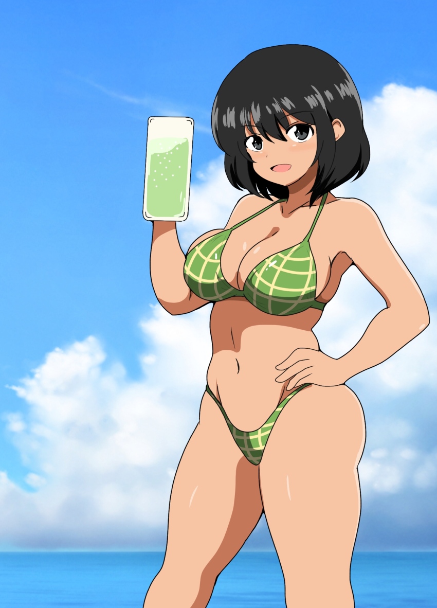 1girl beer_mug bikini black_eyes black_hair blue_sky breasts cloud commentary_request cup day drink green_bikini hand_on_own_hip highres horizon kinako_mochi_(pixiv100419090) large_breasts looking_at_viewer mug navel ocean original outdoors plaid_bikini plaid_clothes short_hair sky solo swimsuit tan