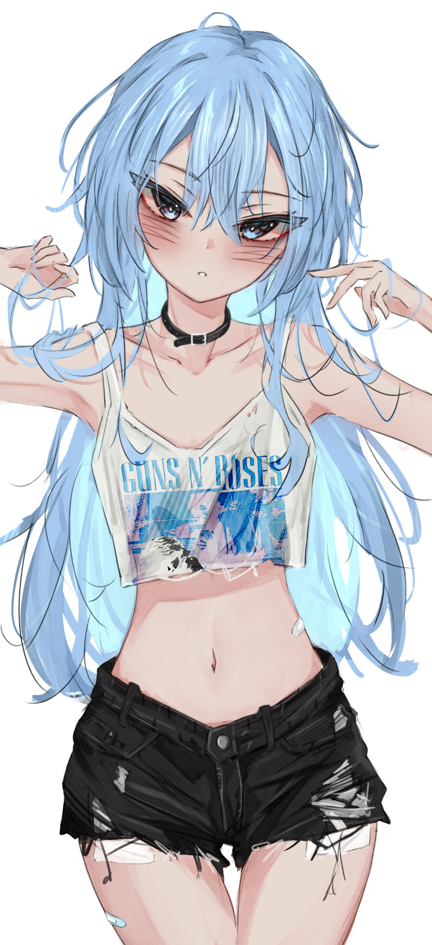 1girl absurdres akarinnndesu alternate_costume bandaid belt_collar black_shorts blue_hair blush choker collar crop_top guns_n&#039;_roses highres hololive hoshimachi_suisei long_hair looking_at_viewer messy_hair midriff multicolored_hair short_shorts shorts simple_background virtual_youtuber white_background