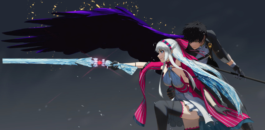 1boy 1girl ahoge black_gloves black_hair black_jacket black_wings blue_eyes boots bow carlotta_(wuthering_waves) coat dress earrings gloves gun hair_bow hairband headband highres holding holding_gun holding_weapon jacket jewelry key_earrings male_rover_(wuthering_waves) paperpillar parted_bangs pink_bow pink_coat pink_hairband pink_headband pink_jacket pink_thighhighs rover_(wuthering_waves) simple_background thighhighs weapon white_dress white_hair wings wuthering_waves yellow_eyes