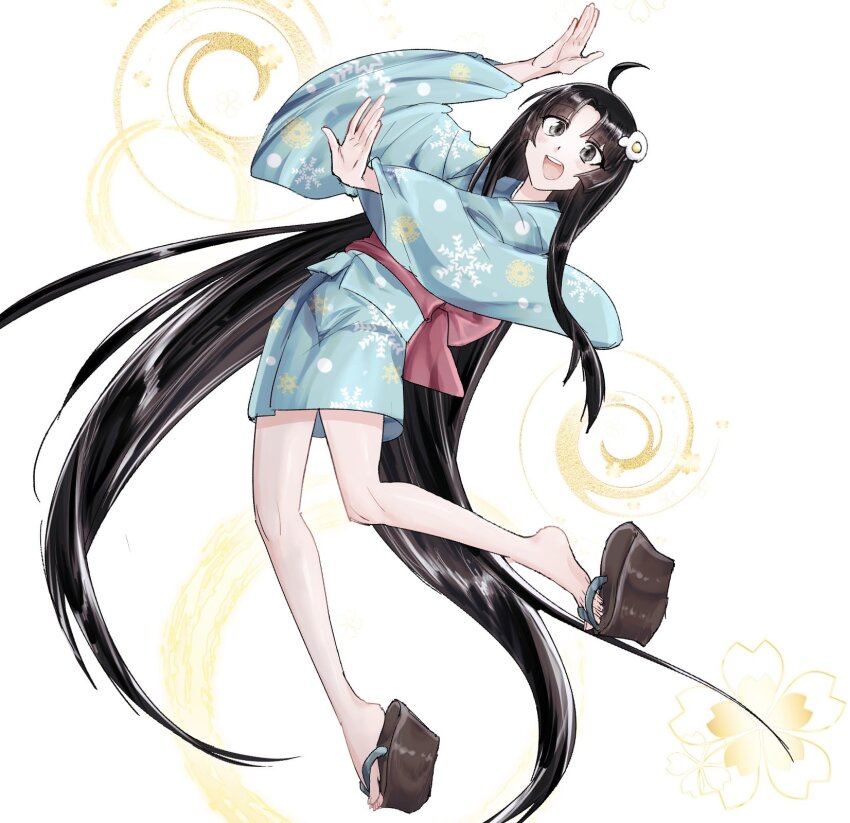 1girl :d absurdly_long_hair ahoge aqua_kimono araragi_tsukihi arm_up bare_legs black_hair blush egg_hair_ornament food-themed_hair_ornament full_body grey_eyes hair_ornament highres japanese_clothes kimono legs long_hair long_sleeves looking_at_viewer maeyakara000 monogatari_(series) obi okobo open_mouth parted_bangs platform_footwear print_kimono red_sash sandals sash short_kimono smile snowflake_print solo teeth toenails toes upper_teeth_only very_long_hair white_background wide_sleeves