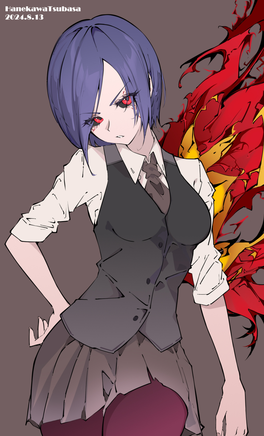 1girl absurdres artist_name black_sclera black_vest blue_hair brown_necktie brown_pantyhose brown_skirt collared_shirt colored_sclera contrapposto cowboy_shot dated frown hanekawatsubasa-56 highres kagune_(tokyo_ghoul) kirishima_touka miniskirt necktie pantyhose pleated_skirt red_background red_eyes shirt short_hair short_sleeves simple_background skirt solo spilling tokyo_ghoul vest white_shirt