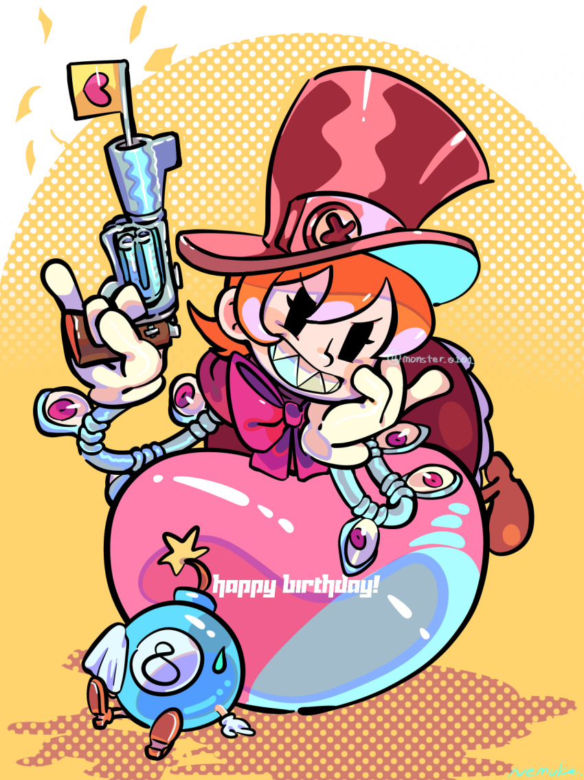 1girl ball beachball bow bowtie confetti cyborg dress flag george_the_bomb gloves gun handgun handkerchief hat highres looking_at_viewer lying monster_0101 on_stomach orange_background orange_hair peacock_(skullgirls) revolver short_hair sitting skullgirls solo sweat top_hat weapon