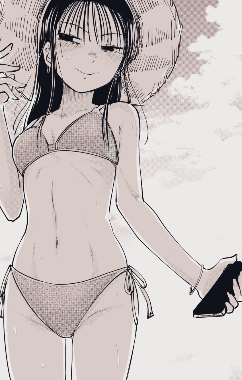 1girl ass ass_focus bikini black_eyes black_hair blush breasts cellphone collared_shirt empty_eyes hat leon_kame long_hair mima_sachi monochrome phone shirt sky small_breasts solo straw_hat sweat swimsuit thighs watashi_ga_motenai_no_wa_dou_kangaetemo_omaera_ga_warui!