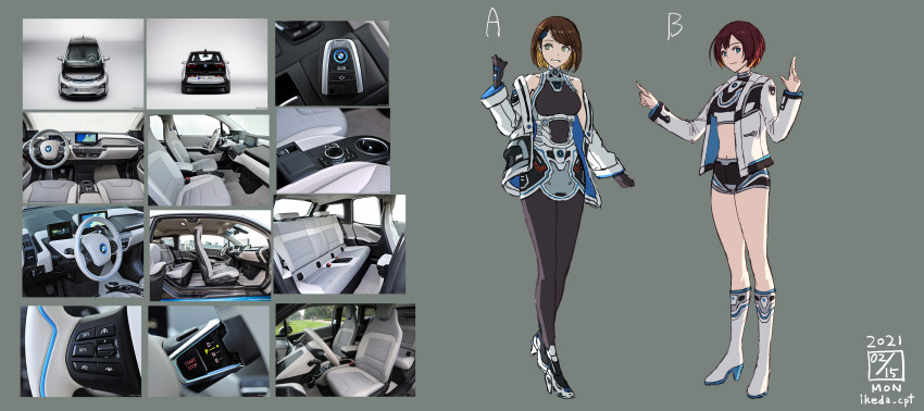 2021 2girls absurdres black_bodysuit black_footwear black_shirt black_skirt bmw bmw_i3 bodysuit boots brown_hair car cropped_shirt grey_background grey_eyes high_heel_boots high_heels highres ikeda_(cpt) jacket looking_to_the_side midriff motor_vehicle multiple_girls navel original parted_lips personification photo_inset pointing reference_inset shirt skirt smile vehicle_and_personification white_footwear white_jacket