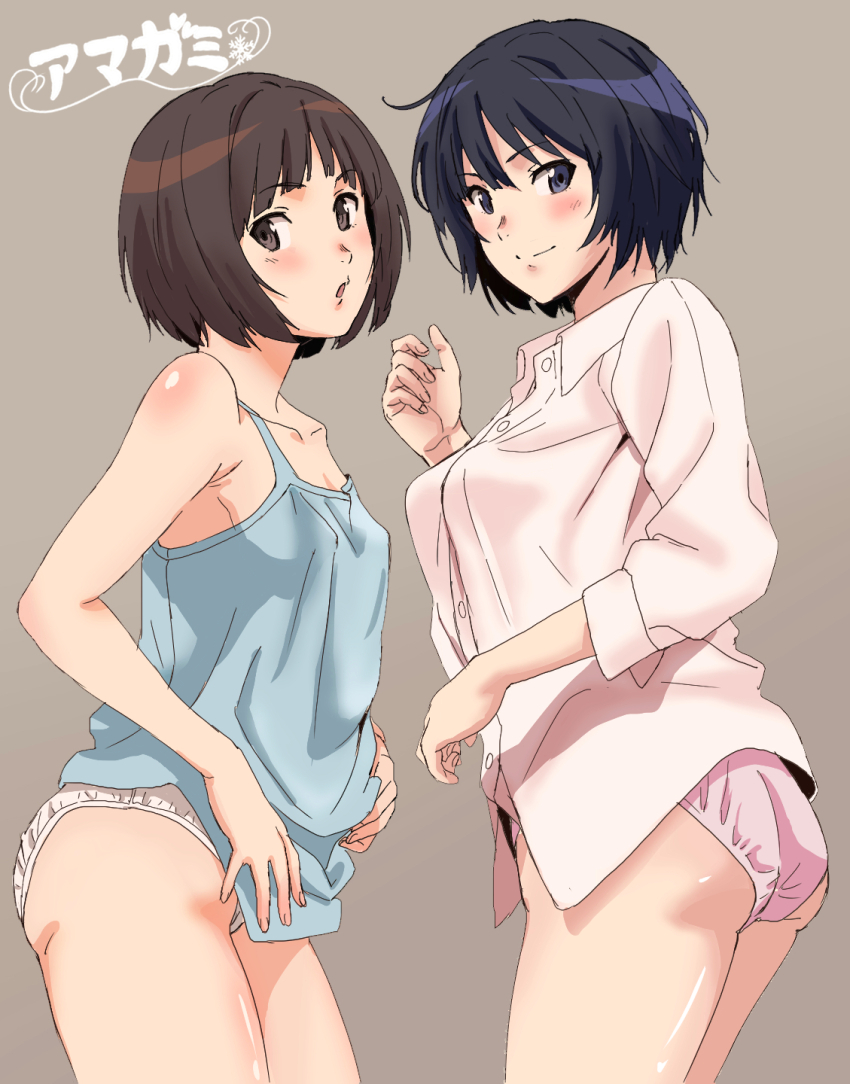 2girls amagami arm_up ass atsumi_tomoya bare_shoulders black_eyes black_hair blush bob_cut breasts brown_eyes brown_hair collarbone collared_shirt cowboy_shot highres light_blush looking_at_viewer multiple_girls nanasaki_ai panties perky_breasts pink_panties shirt short_hair simple_background tachibana_miya underwear