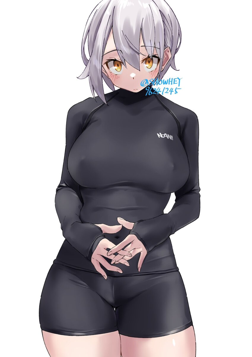 1girl artist_name black_bodysuit bodysuit breasts closed_mouth covered_erect_nipples covered_navel cowboy_shot grey_hair groin hair_between_eyes head_down highres interlocked_fingers large_breasts looking_at_viewer nishizaki_toka orange_eyes original short_hair short_hair_with_long_locks showhey!! simple_background skin_tight skindentation solo standing thick_thighs thighs white_background