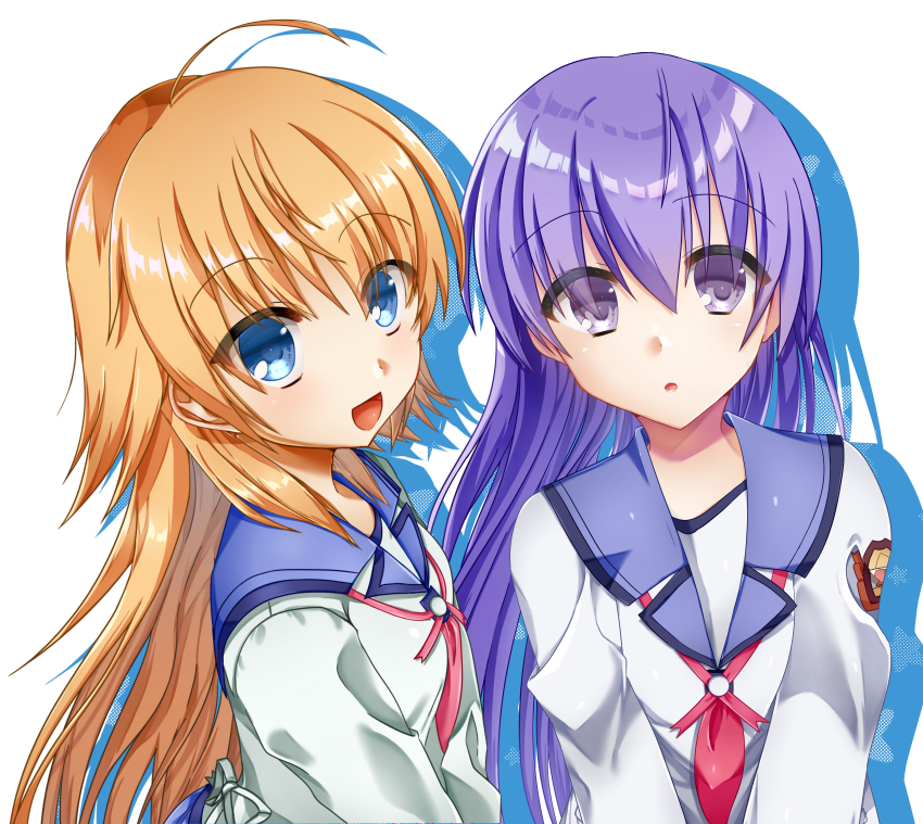 2girls absurdres angel_beats! blue_eyes commentary_request eyes_visible_through_hair from_above hair_between_eyes highres irie_miyuki key_(company) long_hair long_sleeves looking_at_viewer looking_up multiple_girls orange_hair pink_ribbon purple_eyes purple_hair ribbon school_uniform sekine_shiori serafuku shinda_sekai_sensen_uniform shirt simple_background upper_body white_background white_shirt zuzuhashi