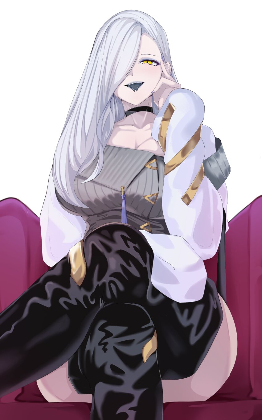 1girl absurdres bare_shoulders black_footwear blue_lips boots breasts choker cleavage collarbone crossed_legs dress eyeliner fate/grand_order fate_(series) forked_tongue grey_dress grey_tongue hair_over_one_eye highres jacket large_breasts long_hair long_sleeves looking_at_viewer makeup off_shoulder omi-san_(fate) open_mouth sitting smile sweater sweater_dress tassel thigh_boots thighs tongue tongue_out vanko_(vank0a) white_hair white_jacket yellow_eyes