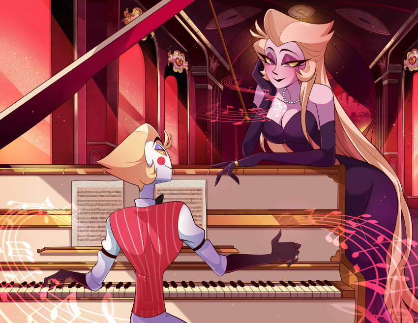 1boy 1girl absurdres blonde_hair chandllucky couple demon_boy demon_girl dress grand_piano hazbin_hotel highres husband_and_wife instrument lilith_(hazbin_hotel) long_hair looking_at_another lucifer_morningstar_(hazbin_hotel) piano purple_dress sitting very_long_hair