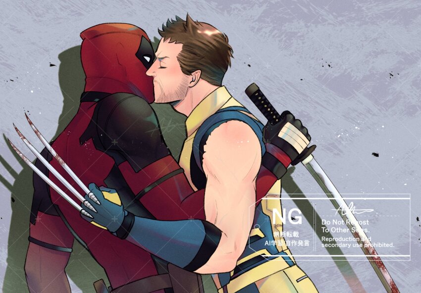 2boys beard blood bloody_weapon blue_gloves blush bodysuit brown_hair claw_(weapon) clenched_hand closed_eyes commentary_request couple deadpool deadpool_&amp;_wolverine deadpool_(series) facial_hair gloves highres holding holding_sword holding_weapon katana kiss male_focus marvel marvel_cinematic_universe multiple_boys pectorals red_bodysuit red_mask sherlock7akane short_hair sleeveless superhero_costume sword two-tone_bodysuit weapon wolverine_(x-men) x-men yaoi yellow_bodysuit