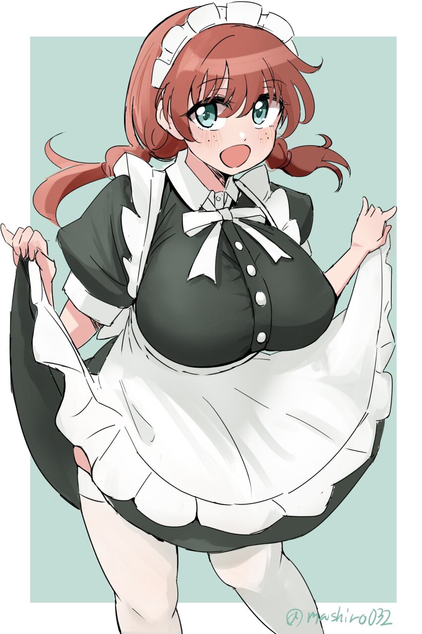 1girl :d alternate_costume apron black_dress blue_eyes border breasts brown_hair collared_dress commentary dress emma_verde enmaided ereka feet_out_of_frame freckles frilled_apron frills green_background highres huge_breasts large_breasts long_hair love_live! love_live!_nijigasaki_high_school_idol_club low_twintails maid maid_headdress open_mouth outside_border puffy_short_sleeves puffy_sleeves short_sleeves skindentation skirt_hold smile solo thighhighs twintails twitter_username waist_apron white_apron white_border white_thighhighs