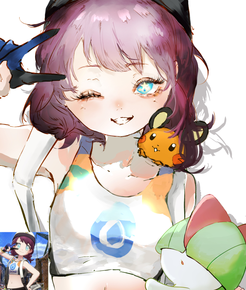 1girl 1other arm_up backpack bag baseball_cap black_eyes black_hat blue_eyes blush blush_stickers bowl_cut breasts collarbone colored_skin covered_eyes creatures_(company) dedenne female_focus game_freak gen_3_pokemon gen_6_pokemon gloves grin hair_over_eyes happy hat highres juliana_(pokemon) medium_hair navel nintendo on_shoulder one_eye_closed open_mouth partially_fingerless_gloves pokemon pokemon_(creature) pokemon_on_shoulder pokemon_swsh purple_hair ralts screenshot_inset sidelocks simple_background small_breasts smile solo_focus sports_bra star-shaped_pupils star_(symbol) straight-on symbol-shaped_pupils teeth u_iii_(uuu3_watercolor) upper_body v white_background white_skin white_sports_bra wink yellow_pupils