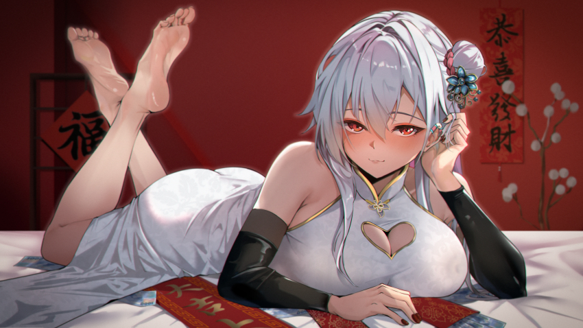 1girl absurdres barefoot breasts china_dress chinese_clothes cleavage_cutout clothing_cutout dress feet grey_(artist) highres long_hair looking_at_viewer lying on_stomach red_eyes side_bun smile soles the_pose toes white_hair