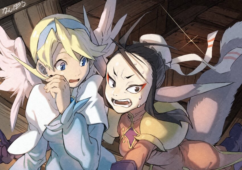 2girls angel_wings animal_ears black_hair blonde_hair blue_eyes breasts breath_of_fire breath_of_fire_iv capcom dress earrings eyeshadow feathered_wings hairband jewelry makeup medium_breasts multiple_girls nanpou_(nanpou0021) nina_(breath_of_fire_iv) open_mouth scared short_hair small_breasts tail ursula_(breath_of_fire) very_short_hair wings