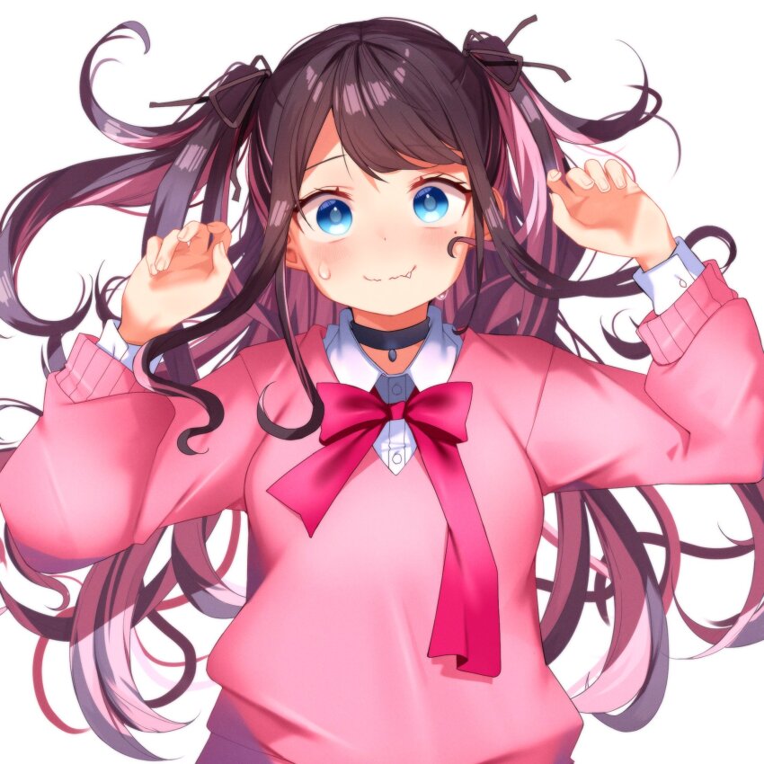 1girl black_choker blue_eyes bow bowtie brown_hair choker colored_inner_hair fang highres kaga_nazuna long_hair long_sleeves looking_at_viewer lupinus_virtual_games mole mole_under_eye multicolored_hair nervous_sweating pink_hair pink_sweater red_bow red_bowtie shirt simple_background solo sweat sweatdrop sweater temari_maco two-tone_hair two_side_up upper_body virtual_youtuber vspo! wavy_mouth white_background white_shirt