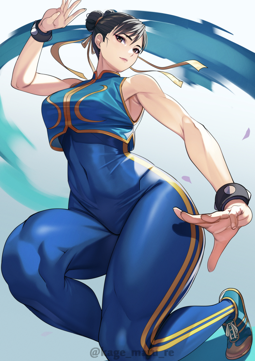 1girl absurdres artist_name bare_shoulders blue_unitard bracelet breasts brown_eyes brown_hair capcom chun-li closed_mouth commentary_request covered_navel cropped_vest fighting_stance fingernails gold_trim hair_bun highres jewelry kagematsuri light_smile lips looking_at_viewer medium_breasts shoes simple_background skin_tight sleeveless sneakers solo street_fighter street_fighter_zero_(series) unitard vest