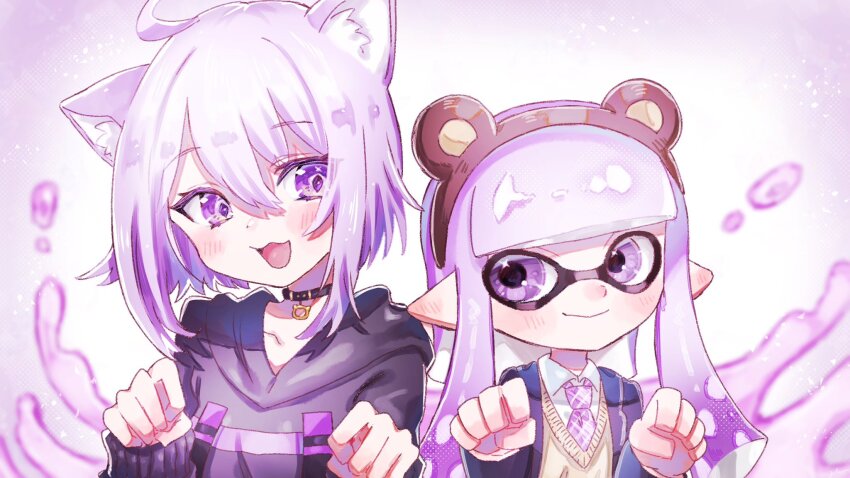 2girls :3 :d ahoge animal_ears bear_ears black_choker blunt_bangs blush brown_hairband cat_ears choker closed_mouth ear_blush eyes_visible_through_hair fake_animal_ears hair_between_eyes hairband hands_up highres hololive hood hood_down hoodie inkling inkling_girl inkling_player_character jacket long_hair long_sleeves multiple_girls necktie nekomata_okayu nintendo open_clothes open_jacket open_mouth plaid_clothes plaid_necktie plum0o0 purple_eyes purple_hair purple_hoodie purple_jacket purple_necktie school_uniform short_hair smile splatoon_(series) sweater_vest tentacle_hair virtual_youtuber yellow_sweater_vest