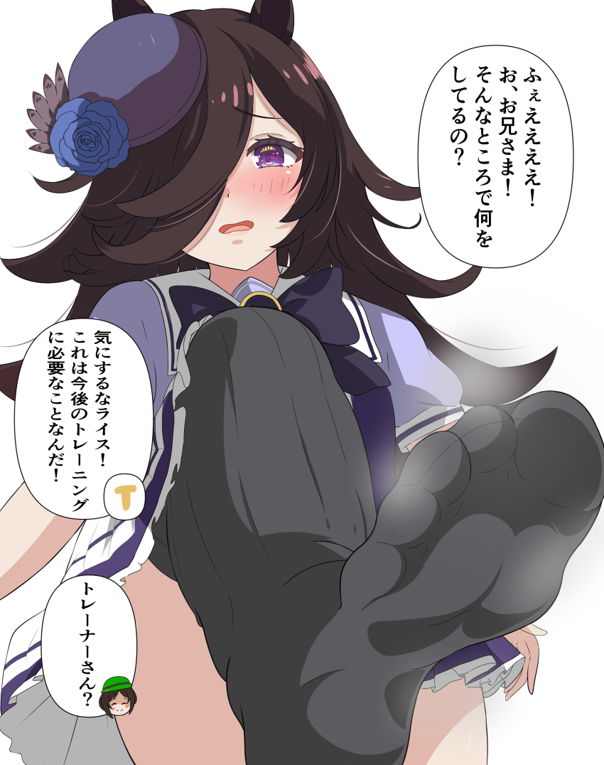 1girl absurdres animal_ears black_thighhighs blue_flower blue_rose blush bow bowtie brown_hair commentary_request feet flower foot_focus hair_over_one_eye hat hat_flower highres horse_ears horse_girl long_hair looking_at_viewer open_mouth purple_eyes purple_shirt rice_shower_(umamusume) rose sailor_collar sailor_shirt school_uniform setsugetsuka436 shirt short_sleeves simple_background soles solo steam stepping t-head_trainer_(umamusume) thighhighs tilted_headwear toes tracen_school_uniform trainer_(umamusume) translated umamusume white_background