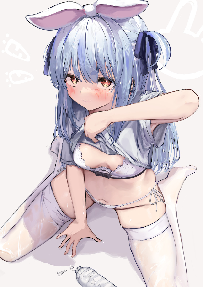 1girl absurdres animal_ears blue_hair blue_ribbon blush bottle bra breasts closed_mouth clothes_lift commentary_request gyoku_seisyoku hair_ribbon hand_on_ground hand_up highres hololive lifting_own_clothes long_hair looking_at_viewer navel no_shoes panties rabbit-shaped_pupils red_eyes ribbon see-through_clothes see-through_thighhighs shirt shirt_lift short_sleeves side-tie_panties sitting small_breasts solo symbol-shaped_pupils thighhighs two_side_up underwear usada_pekora usada_pekora_(casual) virtual_youtuber wariza water_bottle wet white_bra white_panties white_shirt white_thighhighs zettai_ryouiki