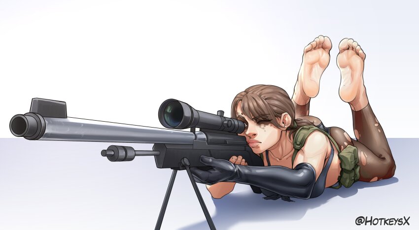 1girl absurdres artist_name barefoot black_bra black_gloves black_panties bra brown_hair elbow_gloves feet gloves gun highres hotkeysx metal_gear_(series) metal_gear_solid_v:_the_phantom_pain one_eye_closed panties pants quiet_(metal_gear) rifle shadow simple_background single_glove sniper_rifle soles solo tight_clothes tight_pants underwear weapon white_background