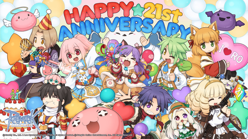 +_+ 3boys 6+girls :3 :d angeling animal_ears anniversary armor balloon barefoot bell belt bird black_hair blonde_hair blue_necktie blue_skirt bow bowtie box breasts brown_belt brown_coat brown_hair brown_hairband brown_skirt buttons cake cake_slice candle capelet cat_girl cat_tail child_admin_beta closed_eyes closed_mouth coat cone_hair_bun confetti copyright_notice cowboy_shot detached_sleeves deviling double_bun drill_hair eating flag_gun food fox_ears fox_girl fox_tail fur_coat gift gift_box gold_trim green_eyes grey_capelet grey_hair grin gun hair_bell hair_bun hair_ornament hair_ribbon hairband halo handgun heterochromia highres holding holding_gun holding_weapon hyper_novice_(ragnarok_online) i_heart... iwin_(ragnarok_online) japanese_armor jingle_bell kote logo long_hair long_sleeves looking_at_viewer low_ponytail medium_breasts medium_hair multiple_boys multiple_girls necktie night_watch_(ragnarok_online) official_art official_wallpaper one_eye_closed open_mouth orange_eyes party_popper pink_hair pitaya_(ragnarok_online) pleated_skirt pope_(ragnarok_online) poring puffy_long_sleeves puffy_sleeves purple_eyes purple_hair ragnarok_online red_bow red_eyes revolver ribbon rope shinkiro_(ragnarok_online) shiranui_(ragnarok_online) shirt short_hair short_necktie skirt sky_emperor_(ragnarok_online) small_breasts smile soul_ascetic_(ragnarok_online) spirit_handler_(ragnarok_online) tail tail_bow tail_ornament weapon white_bow white_bowtie white_coat white_shirt white_sleeves white_wings wings yellow_eyes yuichirou