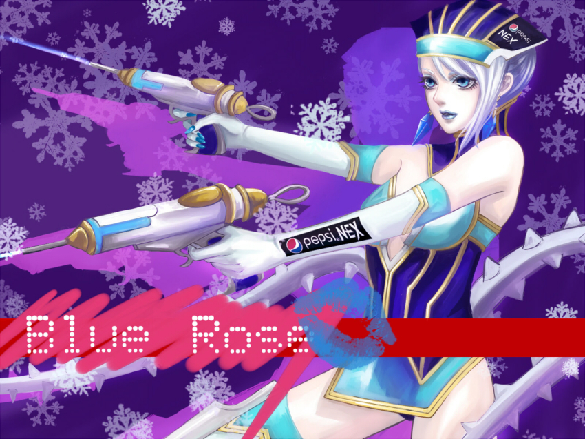 10s 1girl bare_shoulders blue_eyes blue_hair blue_rose_(tiger_&amp;_bunny) breasts character_name cleavage dual_wielding earrings elbow_gloves female_focus gloves gun holding jewelry karina_lyle lipstick makeup matching_hair/eyes melody_mi1112 pepsi_nex product_placement short_hair snowflakes solo superhero_costume thighhighs tiger_&amp;_bunny weapon