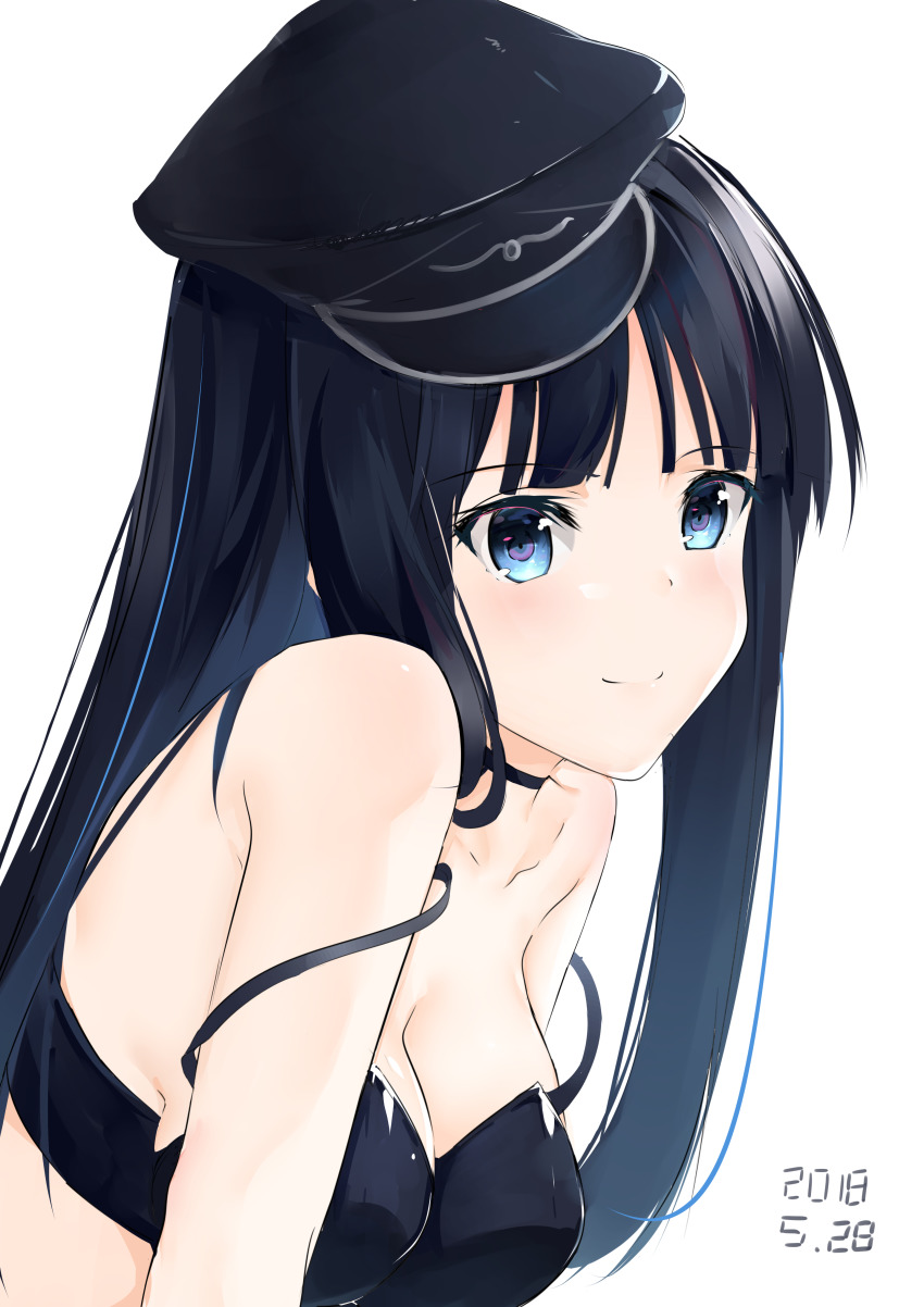 1girl absurdres aquaplus bare_shoulders black_hair black_hat blue_eyes blush breasts choker cleavage closed_mouth collarbone crop_top from_side gradient_eyes gradient_hair hat highres large_breasts leaning_forward long_hair looking_at_viewer midriff_peek multicolored_eyes multicolored_hair off_shoulder sideboob sidelocks sleeveless smile solo touma_kazusa upper_body very_long_hair white_album white_album_(series) white_album_2