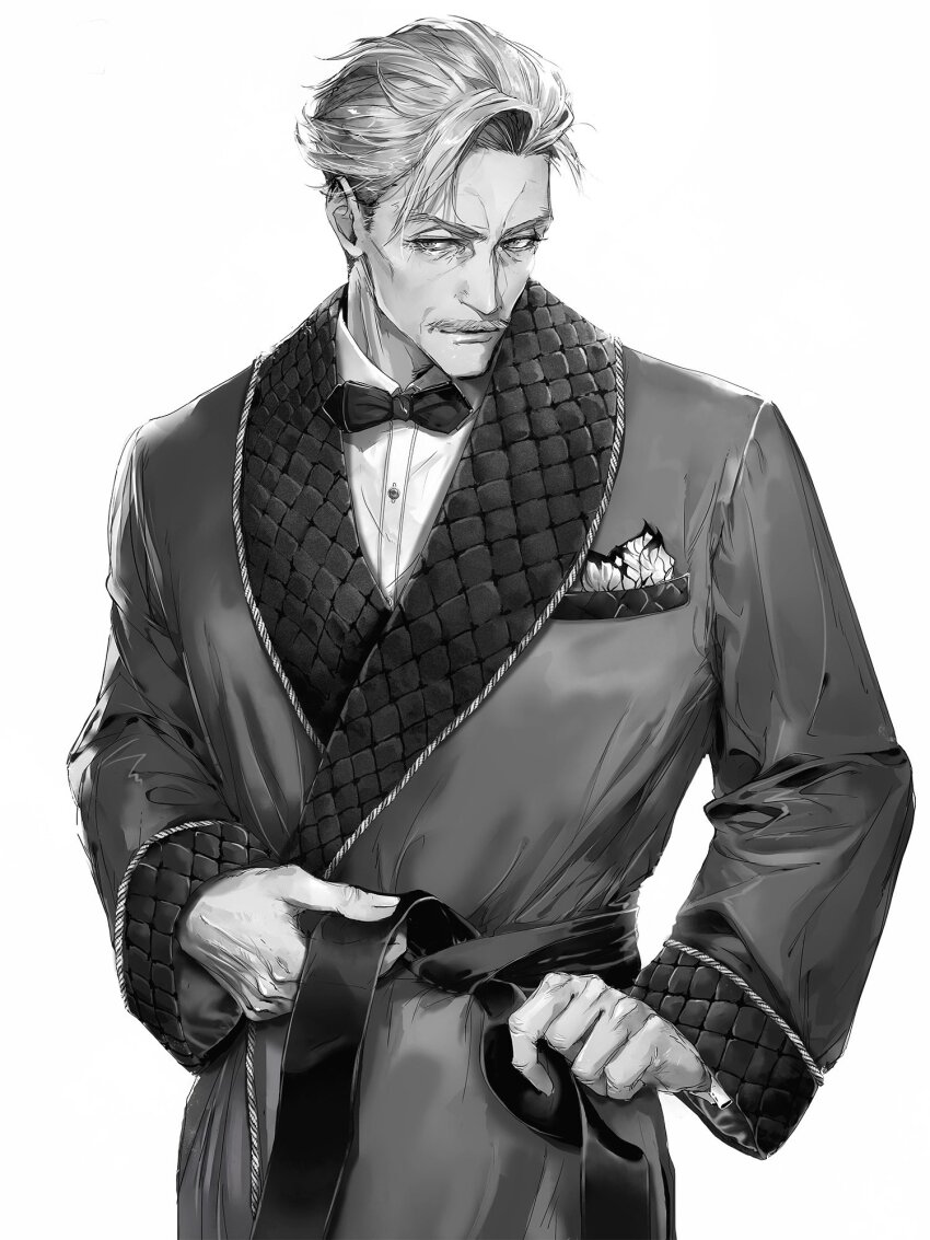 1boy bow bowtie facial_hair fate/grand_order fate_(series) greyscale highres james_moriarty_(archer)_(fate) m0bilis male_focus monochrome mustache robe shirt tying white_background