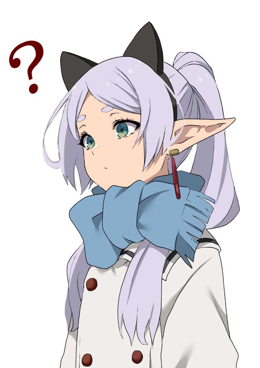 1girl ? animal_ear_hairband animal_ears black_hairband blue_scarf bow buttons cat_ears closed_mouth coat commentary double-breasted earrings elf expressionless fake_animal_ears frieren green_eyes hairband highres jewelry long_hair parted_bangs pointy_ears scarf scarf_bow sidelocks simple_background solo sousou_no_frieren symbol-only_commentary twintails white_background white_coat white_hair winter_clothes winter_coat yasehattagi