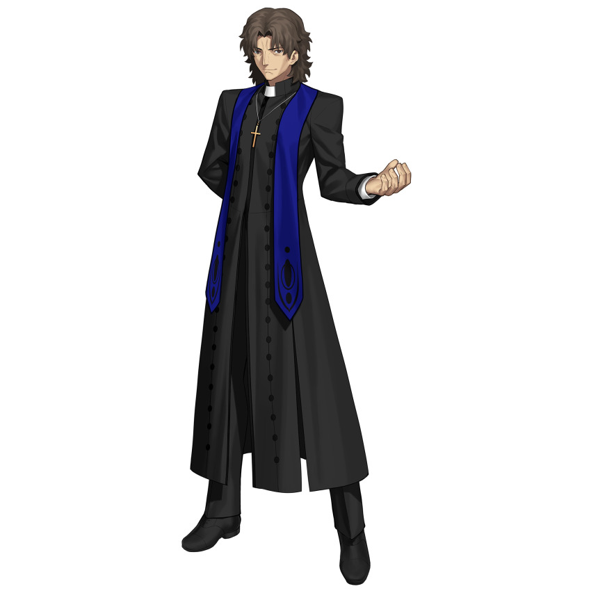 1boy arm_behind_back black_footwear black_pants black_robe brown_eyes brown_hair cassock clerical_collar cross cross_necklace fate/grand_order fate_(series) full_body game_cg hand_up highres jewelry kotomine_kirei latin_cross long_sleeves looking_at_viewer male_focus necklace official_art pants priest rasputin_(fate) robe shoes short_hair smile solo standing stole tachi-e takeuchi_takashi third-party_source transparent_background