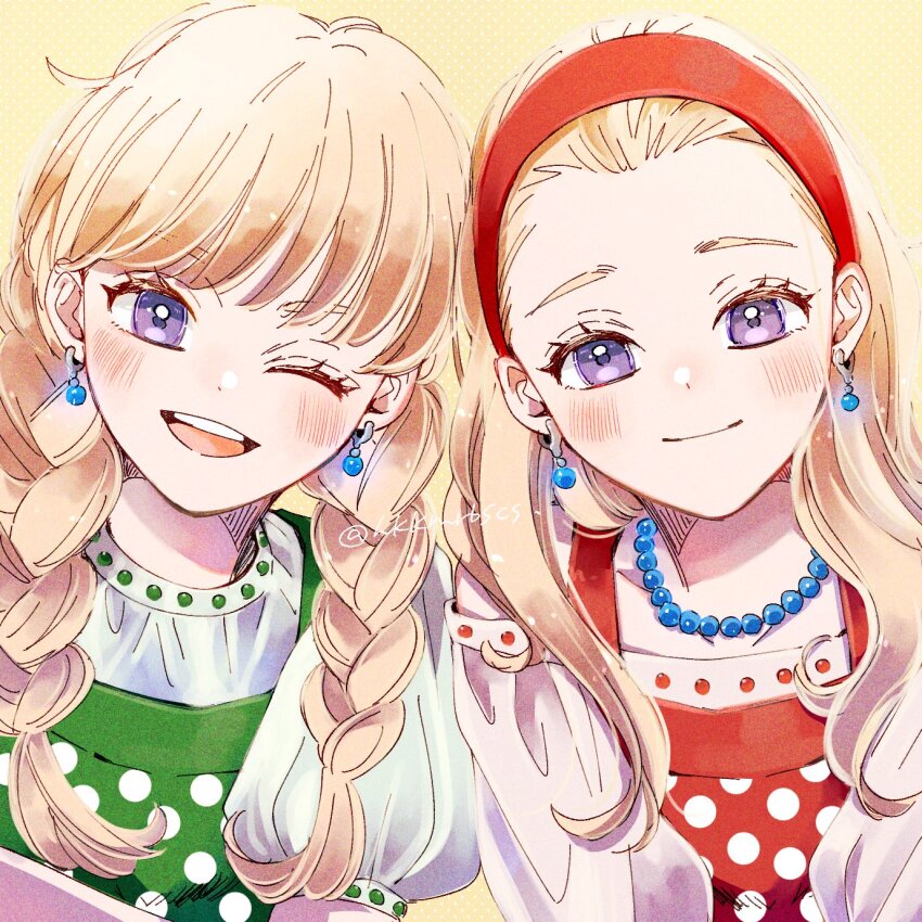 2girls alternate_hairstyle artist_name bead_necklace beads blonde_hair braid dot_nose dragon_quest dragon_quest_xi earrings eyelashes hairstyle_switch highres hkkmrbscs jewelry looking_at_viewer multiple_girls necklace one_eye_closed purple_eyes senya_(dq11) siblings simple_background sisters twin_braids twitter_username veronica_(dq11) yellow_background