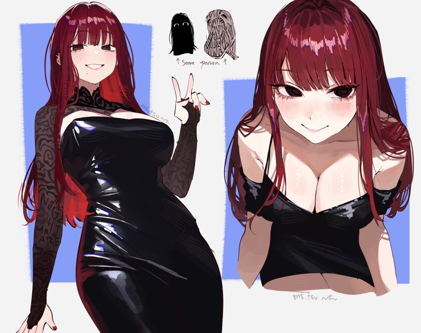 1girl absurdres black_bridal_gauntlets black_dress black_eyes breasts bridal_gauntlets cleavage clenched_teeth dress highres large_breasts long_hair mole mole_on_cheek ms._tsu multiple_views open_mouth original red_hair red_nails shrug_(clothing) smile strapless strapless_dress teeth v