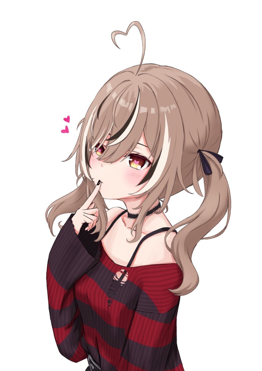 1girl ahoge belt black_choker black_nails black_ribbon black_sweater brown_hair choker emo_fashion finger_to_mouth hair_ribbon heart heart_ahoge heart_choker heart_in_eye highres hololive hololive_english lace lace_choker looking_at_viewer multicolored_hair nanashi_mumei nanashi_mumei_(emo) puchun95 red_sweater ribbon streaked_hair striped_clothes striped_sweater sweater sweater_tucked_in symbol_in_eye torn_clothes torn_sweater two-tone_sweater upper_body virtual_youtuber