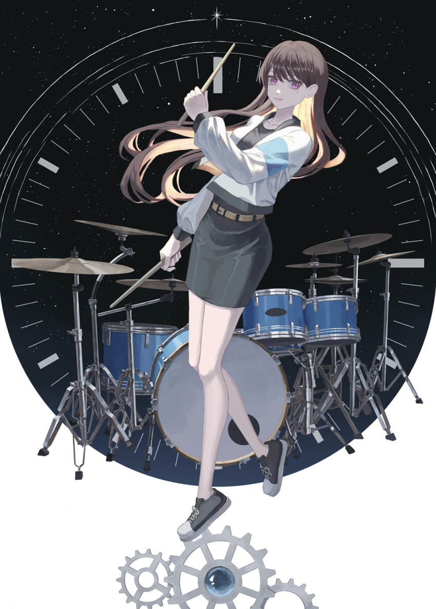 1girl bang_dream! bang_dream!_it&#039;s_mygo!!!!! belt black_footwear black_shirt black_skirt brown_belt brown_hair chinese_commentary closed_mouth commentary drum drum_set drumsticks floating_hair full_body hand_up highres holding holding_drumsticks instrument jacket long_hair long_sleeves looking_at_viewer mole mole_under_eye open_clothes open_jacket purple_eyes shiina_taki shirt skirt sky solo star_(sky) starry_sky white_jacket xukong