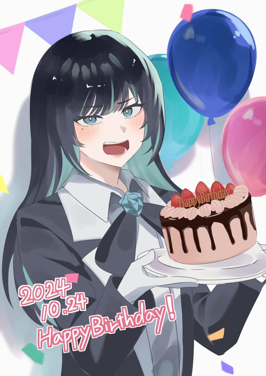 1girl absurdres ado_(utaite) aqua_hair balloon birthday_cake black_bow black_bowtie black_coat black_hair blue_eyes blush bow bowtie cake chando_(ado) coat collared_shirt colored_inner_hair commentary_request confetti dated flower_brooch food gloves happy_birthday highres long_hair mole mole_under_eye multicolored_hair open_clothes open_coat open_mouth shirt solo streaked_hair teeth tsukuno_tsuki upper_body utaite white_gloves white_shirt