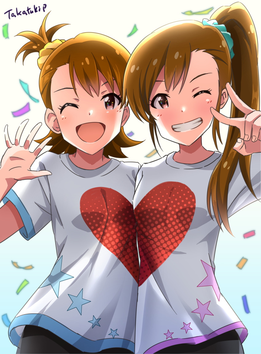 2girls ;d absurdres aqua_scrunchie brown_eyes brown_hair futami_ami futami_mami grin hair_ornament hair_scrunchie heart heart_print high_ponytail highres idolmaster idolmaster_(classic) long_hair looking_at_viewer matching_outfits multiple_girls one_eye_closed one_side_up open_mouth print_shirt scrunchie shirt short_hair short_sleeves siblings side_ponytail sisters smile star_(symbol) star_print takatsuki_p twins white_shirt yellow_scrunchie