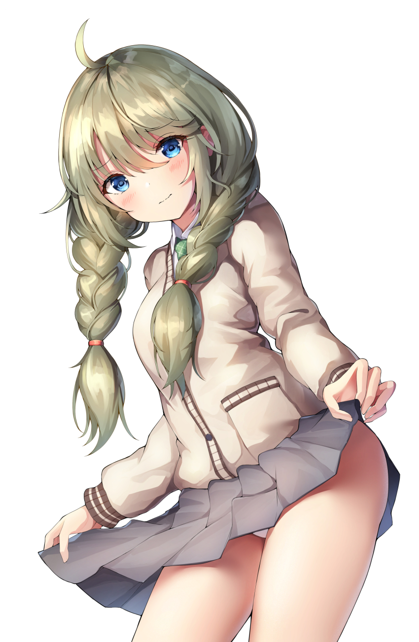 1girl absurdres blonde_hair blue_eyes blush clothes_lift embarrassed green_hair highres long_hair long_sleeves panties princess_connect! school_uniform simple_background skirt skirt_lift sob_(submar1089) solo standing thighs twintails underwear yuni_(princess_connect!) yuni_(real)_(princess_connect!)