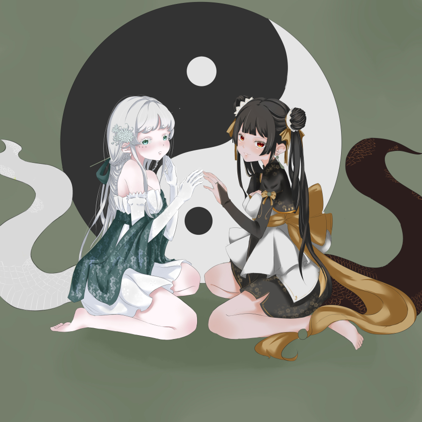 2girls absurdres albino black_hair chinese_clothes gua_gua_bu_chi_jiang hanfu highres lolita_fashion mandarin_collar multiple_girls original pale_skin qi_lolita symmetry white_hair yin_yang