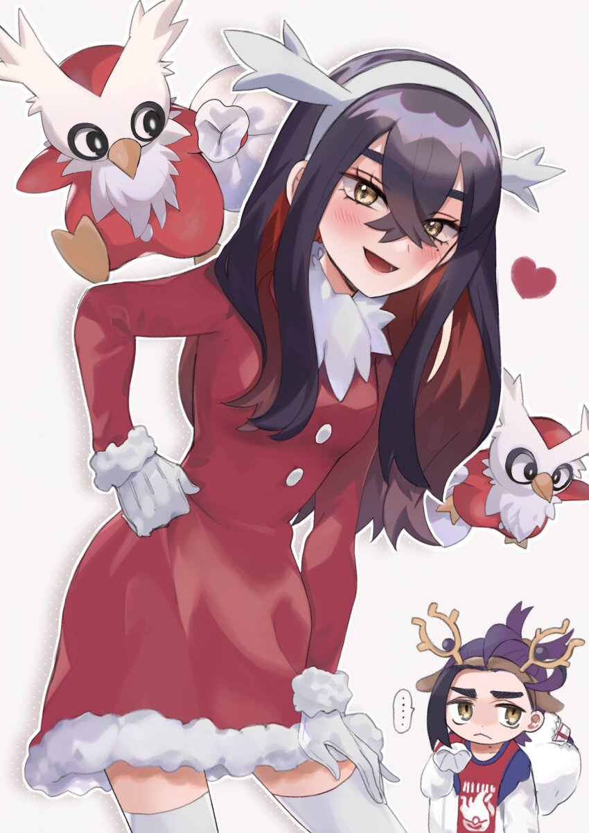 1boy 1girl :d abe_(kumayu) black_hair blush carmine_(pokemon) christmas commentary_request creatures_(company) crossed_bangs delibird dress eyelashes game_freak gen_2_pokemon gloves hair_between_eyes hairband hand_on_own_hip heart highres jacket kieran_(pokemon) leaning long_hair long_sleeves multicolored_hair nintendo open_mouth pokemon pokemon_(creature) pokemon_sv red_dress red_shirt sack shirt smile thighhighs two-tone_hair white_jacket yellow_eyes