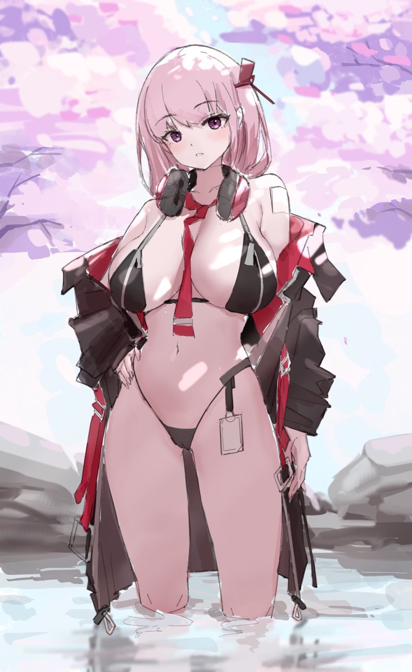 1girl bandaid bandaid_on_shoulder between_breasts bikini black_bikini blue_archive breasts cherry_blossoms eimi_(blue_archive) feet_out_of_frame hair_ribbon hand_on_own_hip head_tilt headphones headphones_around_neck highres jacket large_breasts light_blush looking_at_viewer mr.zhuo multicolored_clothes multicolored_jacket necktie necktie_between_breasts open_clothes open_jacket pink_hair purple_eyes red_necktie ribbon sketch solo standing swimsuit two-tone_jacket water zipper zipper_bikini zipper_pull_tab