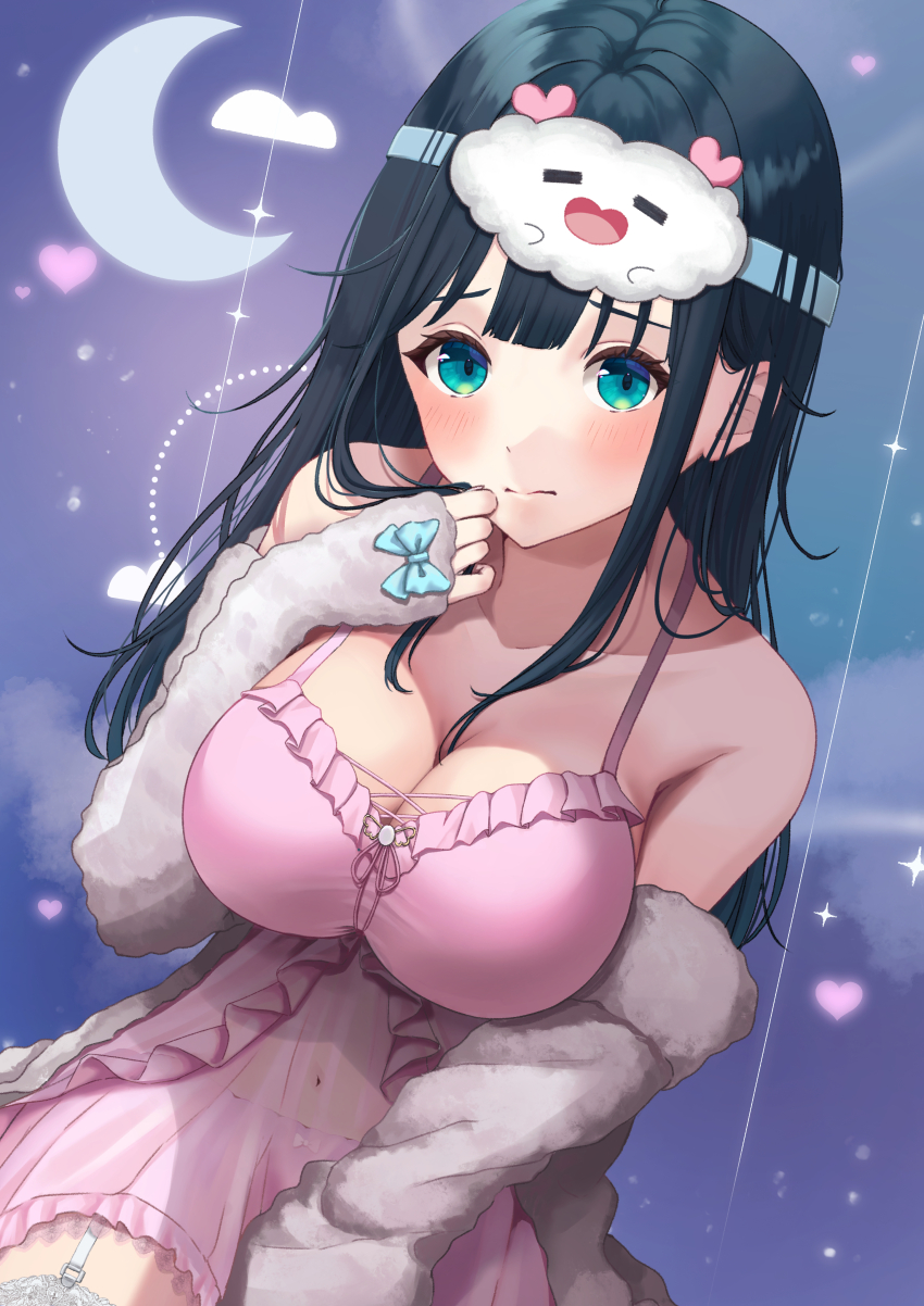 1girl absurdres amano_nene_(vtuber) amano_nene_(vtuber)_(pajama) aqua_eyes black_hair bloomers blush breasts character_mask cleavage cloudtomo_(amano_nene) crescent dutch_angle embarrassed frilled_nightgown fur_jacket garter_straps hand_up highres jacket lace lace-trimmed_thighhighs lace_trim large_breasts long_hair looking_at_viewer mask mask_on_head messy_hair nightgown official_alternate_costume official_alternate_hairstyle open_clothes open_jacket parted_hair pink_bloomers pink_nightgown production_kawaii see-through_clothes shima_koushi sky sleep_mask sleepwear solo star_(sky) starry_sky thighhighs underwear upper_body virtual_youtuber white_garter_straps white_jacket