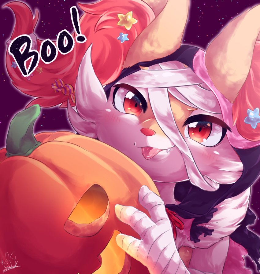 braixen candy creatures_(company) darukuma_367 dessert fangs food fox fruit game_freak gen_6_pokemon hair_ornament hairpin halloween halloween_costume highres holiday jack-o&#039;-lantern mummy_costume mummy_wrappings nintendo plant pokemon pokemon_(creature) portrait pumpkin red_eyes sky smile solo star_(sky) starry_sky tongue tongue_out